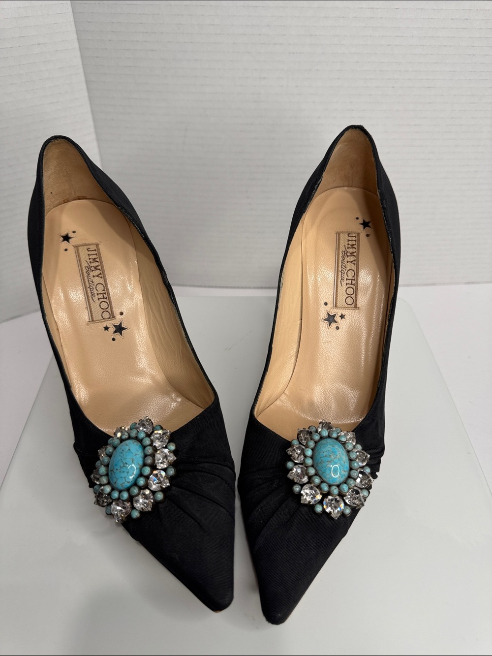 Jimmy Choo Boutique Black Satin Heels Rhinestone and Stone Size 38 1/2